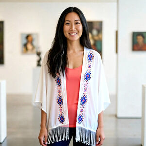 Gianni Bini cardigan short duster embroidered with fringe boho M